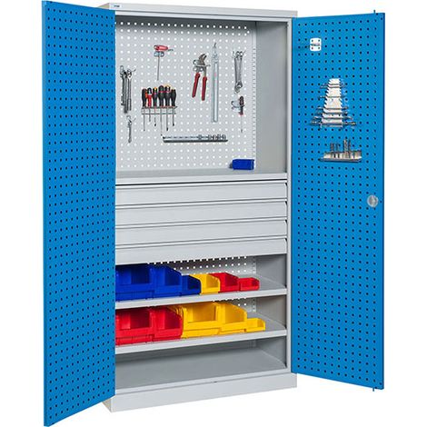 Armadio da officina forato - 4 cassetti e 2 ripiani - Blu e grigio - W030080005-GCBI
