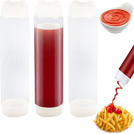 Ensemble distributeur de sauce inversé - 3 bouteilles en plastique rechargeables pour sauces et vinaigrettes, 473 ml (16 oz), idéal pour les cuisines et les restaurants (1/5)