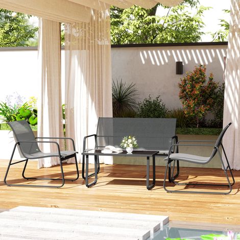 Ensemble extérieur 4 Gris Argent pièces table basse banc 2 places chaises métal texteline