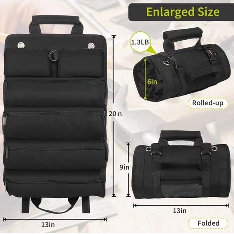 Bolsa de almacenamiento de herramientas, Bolsa de herramientas enrollable portátil para vehículo y hogar, Completa y organizada, Negra (1/5)