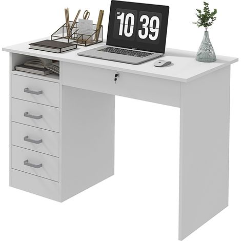 Bureau moderne avec 5 tiroirs, grand plateau, 1 compartiment ouvert, tiroir verrouillable, 110 x 50 x 76cm, blanc (1/5)