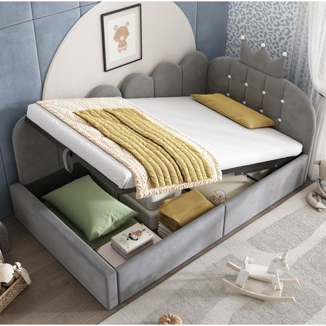 Lit coffre 90x190 cm avec tête de lit couronne et barreau, réversible en L, gris, velours, sans matelas (1/5)