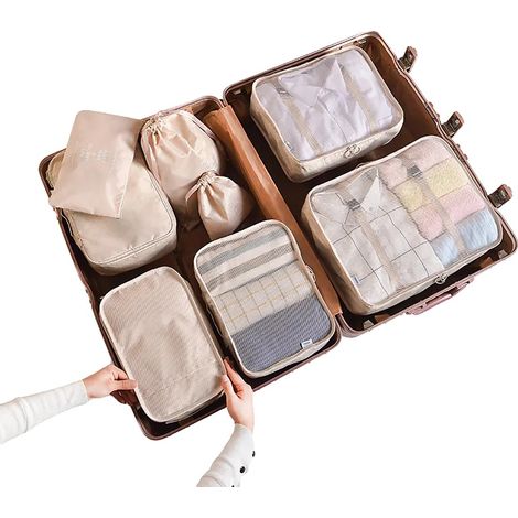 Cubos organizadores de viaje, nailon ligero, diseño impermeable, color beige, 8 unidades. (1/2)