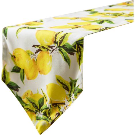 Chemin de table à motifs citron jaune, fond blanc, décoration végétale champêtre pour table à manger (1/5)