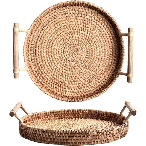 Panier à pain rond en rotin tressé à la main avec anse en bois pour service de table et présentation élégante