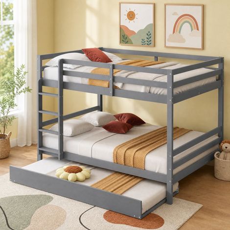 Kinder-Etagenbett 140x200 cm grau aus Kiefernholz und MDF mit Ausziehbett und Treppe (1/5)