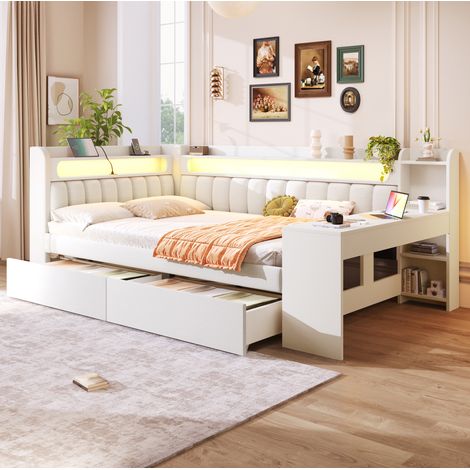 Letto divano 140x200 cm in MDF bianco con scrivania, USB e cassetti – MEUBLIV (1/5)
