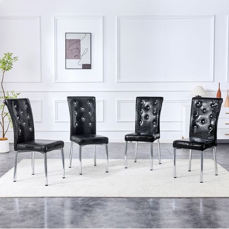 Chaise de salle a manger en metal et PVC noir, effet peau alligator, details strass (1/5)