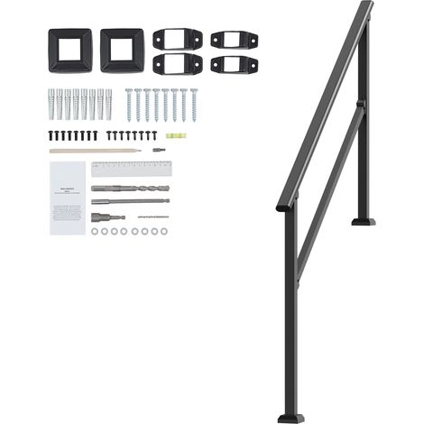 Mophorn-Handläufe für Außentreppen, 4–5-Stufen-Set, Karbonstahl, Installationsset, für Senioren, Beton, Veranda, Deck, schwarzes Vierkantrohr (1/5)