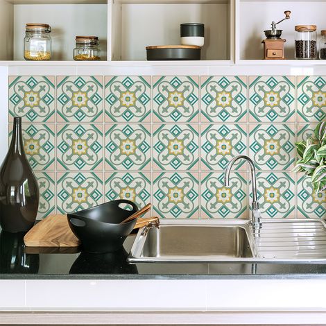 Sticker Mural Carrelage adhésif Cuisine Salle de Bain - 9 STICKERS CARREAUX DE CIMENT AZULEJOS NESA - 9stickers15x15cm (1/5)