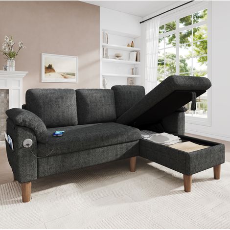 L-förmiges Ecksofa (181x125x88 cm), mit links oder rechts montierbarer Chaiselongue, Chenille, Dunkelgrau (1/5)