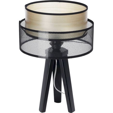 Lampe à poser design maille noire et bois pour salon moderne - Noir avec intérieur effet bois clair (1/5)