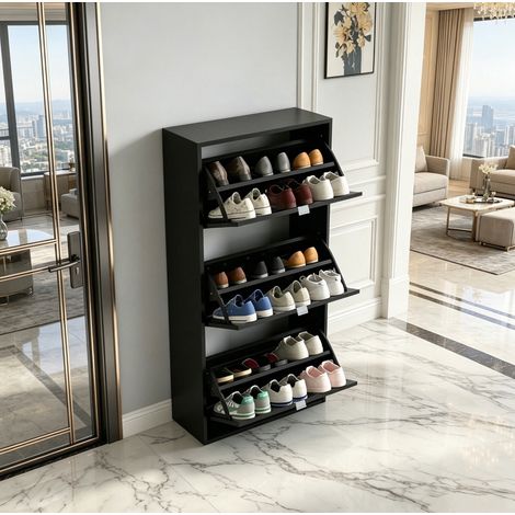 Meuble à chaussures à 3 portes abattantes, MDF mélaminé noir, 60 x 26 x 124 cm, OKWISH (1/5)