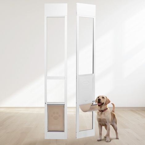 Porte pour chien pour porte coulissante en verre, 1927-2049 mm, porte pour animaux de compagnie avec cadre en aluminium, structure à charnière, rabat et serrure pour chiens de taille moyenne, L (1/5)