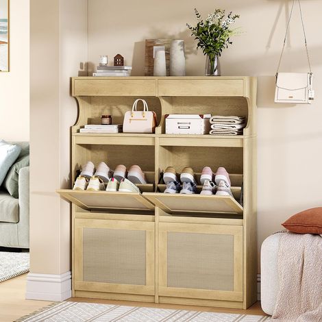 Meuble à Chaussures, Armoire à Chaussures, Séparateur Réglable, Grande Capacité pour Entrée, Couloir, Chambre Paires, 4 Abattants (100L cm), Jaune (1/5)