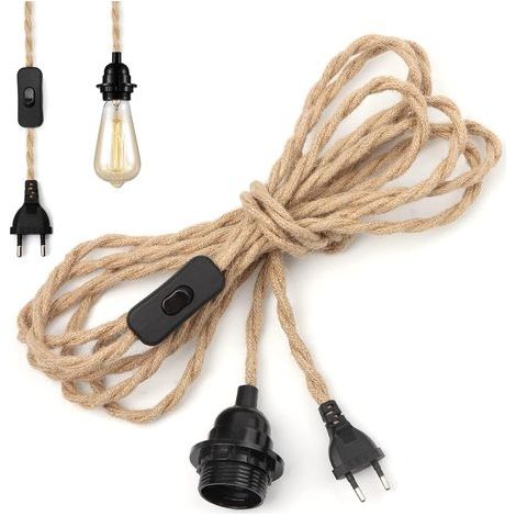 Lustre Corde de Chanvre Câble 4.5m, Douille E27 Interrupteur avec Fil Cable Ampoule, Pour DIY Lampe Suspension Lumière Pendante Industrielle Lustre Douille Fil Electrique Vintage (1/4)