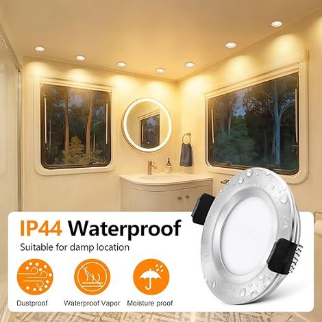 Spot LED Encastrable IP44, Spot LED 12V-24V DC Blanc chaud, 3W 300LM Extra Plat Spot encastrable, Trou 58-62mm Aluminium Plafonnier spot avec câble, Chrome (1/3)