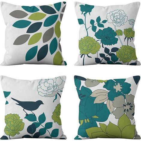 Set di 4 fodere per cuscini da esterno, 45x45 cm, impermeabili, con motivo floreale e di uccelli blu e verdi, ideali per divano, giardino, soggiorno e camera da letto. (1/5)
