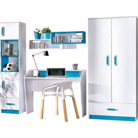 Mobilier1 – Chambre d'enfant complète 4 pièces – Blanc et turquoise – Stratifié 1.6 cm – Fabriquée en Union Européenne – Dimensions optimales pour confort