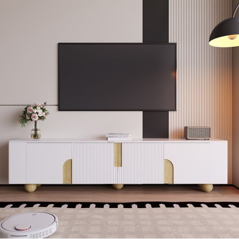 Meuble TV 180x40x44 cm blanc en MDF et panneau de particules avec 4 portes, finition marbre et pieds en bois massif (1/5)