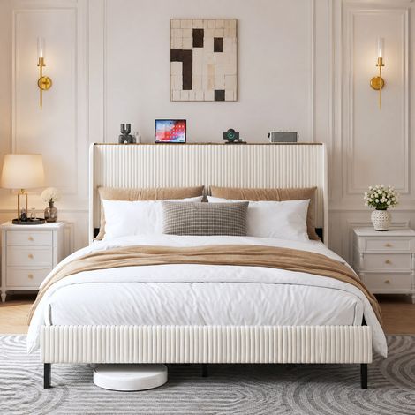 Lit plateforme capitonné 160x200 en tissu côtelé, tête de lit, beige et crème, OKWISH (1/5)