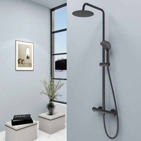 AICA Kit doccia con miscelatore termostatico, soffione in acciaio inox 20x20cm, altezza regolabile 73-115 cm, nero opaco (1/5)
