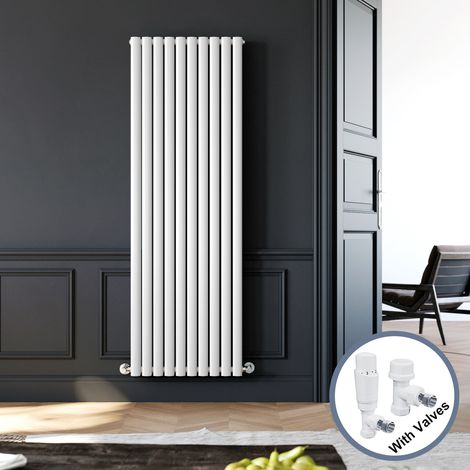 ELEGANT 1800 x 590 mm Designer White Modern Double Oval Panel Designer Radiator Vertical Rads Compatible With All Heating Systems + White Thermostatic Radiator Valves (1/5)