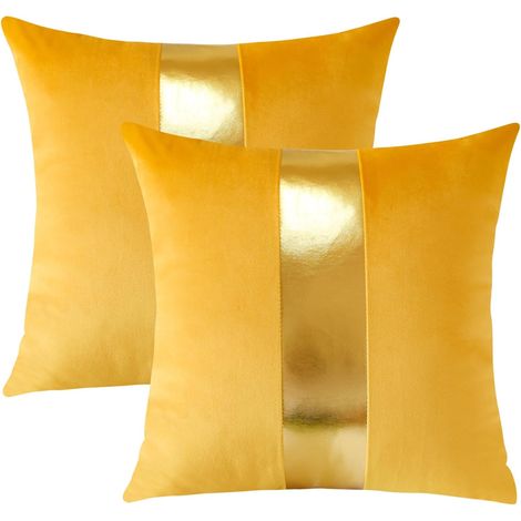 Juego de 2 fundas de cojín cuadradas decorativas de terciopelo amarillo con pespuntes de cuero dorado, lujosas, modernas y minimalistas, 50 x 50 cm. (1/5)
