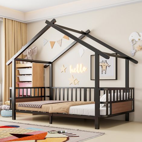 Cama infantil de metal 90 x 200 cm en forma de casa con barrera de seguridad, negro HAVRYA (1/5)