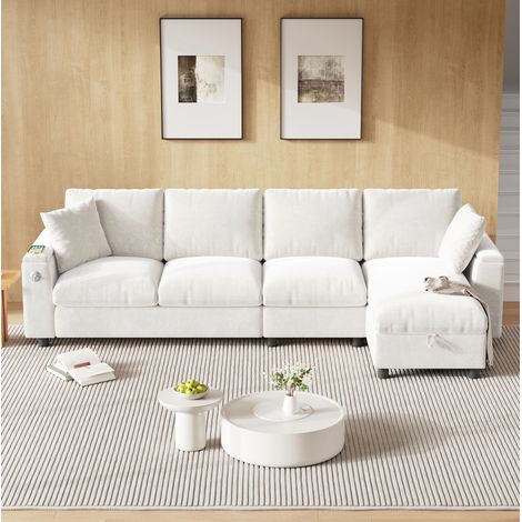 Divano angolare 280x137x84 cm beige in chenille con funzione letto, contenitori, tavolino ribaltabile e USB (1/5)