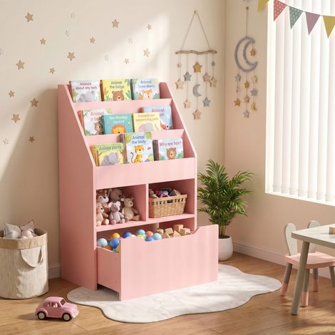 Petite bibliothèque pour enfants avec étagères et tiroir en MDF, 60 x 29,9 x 90 cm, rose (1/5)