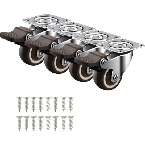 4 kleine Lenkrollen 32 mm/1,25 Möbelrollen mit Bremsplatten, 50 kg Gummiräder, Werkbankwagen, industrieller Möbeltransport –