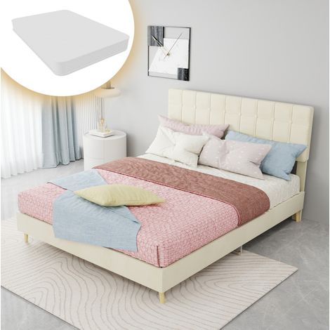 Cama doble moderna de tela beige 140x200 cm con cabecero acolchado de cuadros y patas efecto madera