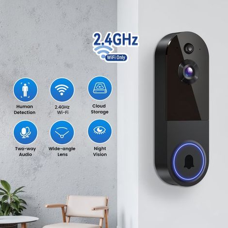 Videocitofono wireless Wi-Fi con rilevamento del movimento tramite intelligenza artificiale, grado di protezione IP65, audio bidirezionale, visione notturna, colore nero, solo Wi-Fi a 2,4 GHz, aliment