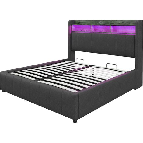 Cama arcón 160 x 200 cm en lino gris con LED, USB-C y almacenaje, cabecero con estantes (1/5)