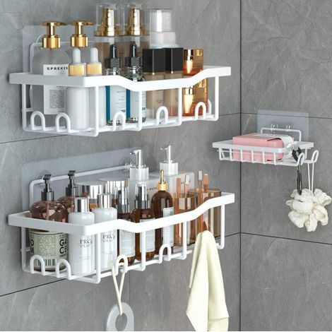 Organizador de ducha sin taladrar, juego de 3 piezas para almacenamiento de baño, estante de baño sin taladrar, estante de ducha, accesorio de baño (blanco) (1/4)