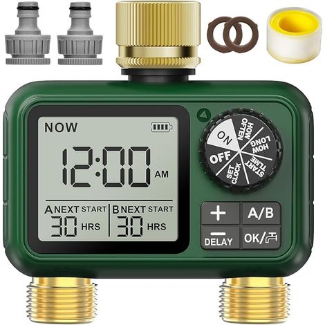 Programmateur Arrosage 2 Voies avec Entrée et Sortie en Laiton, Grand écran LCD, Arrosage Automatique pour Jardin, D'irrigation Programmable, Utilisation Simple, Retard de Pluie Arrosage Manuel (1/5)