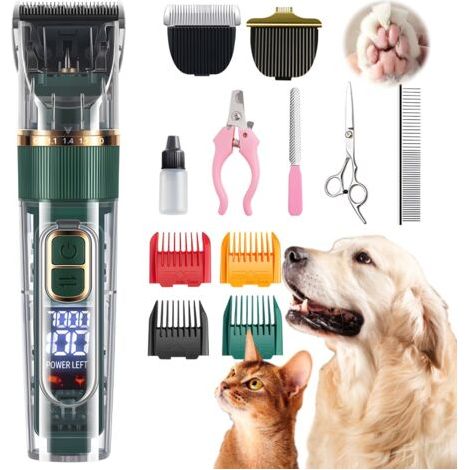 Tondeuse chien,tondeuse pour chien professionnelle,tondeuse chat poils longs noeud,avec écran LED et 4 peignes de limite, réglage à 3 vitesses,étanche IPX7, nettoyage facile,tondeuse animaux(Vert)