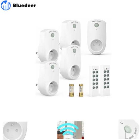 Lot de 5 Prise Programmable Électrique, Prise Télécommandée sans Fil avec 2 Télécommandes 2 Piles Fournies, 30M de Distance de Contrôle dans la Zone Ouverte, Fonction on/Off (1/4)