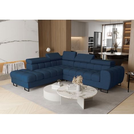 Ecksofa Schlafsofa BASTIEN MAX in Stoff Aragon Dunkelblau Ottomane Links (1/4)