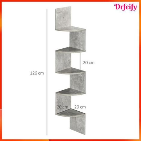 Étagère d'angle murale - - 8085 - Design zigzag 5 niveaux - 20x20x126 cm - Bois gris (1/5)