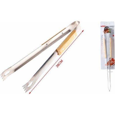 Trade Shop - BARBECUE GRILLZANGE 36 CM FLEISCH FISCH GEMÜSE AUS HOLZ STAHL 2406329 - (1/2)