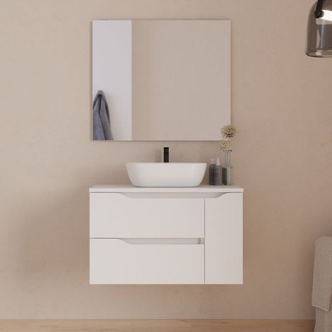 Meuble de salle de bain 80cm avec plateau, vasque à poser centrée Zeus et miroir - 2 tiroirs et un placard - blanc - ZARZA