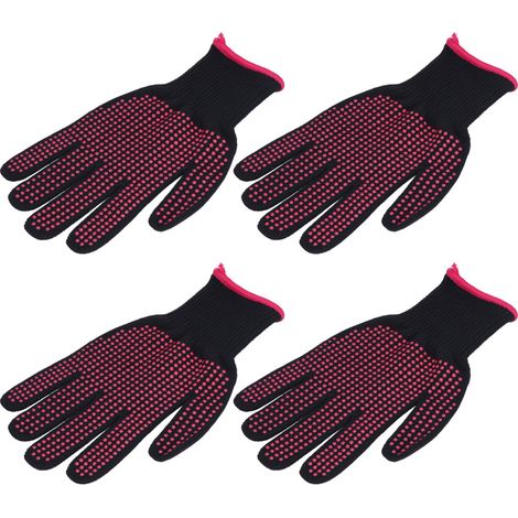 Lot de 4 gants résistants à la chaleur, anti-brûlures et haute température, avec picots en silicone rouge rose et bordure rouge rose. (1/5)