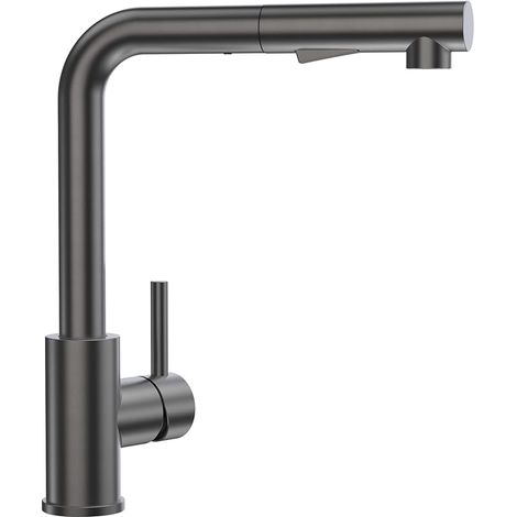 Robinet de cuisine haute pression avec douchette extractible et 2 types de jet Mitigeur d'évier monocommande en acier inoxydable brossé, rotatif à 360° Gris-noir (1/5)