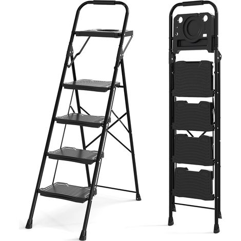 COSTWAY Escabeau Métallique 4 Marches avec Plateau Porte-Outils, Échelle Pliante avec Pédales Larges Antidérapantes Patins, Échelle Portable Multifonction pour Maison Cuisine Bureau (1/5)