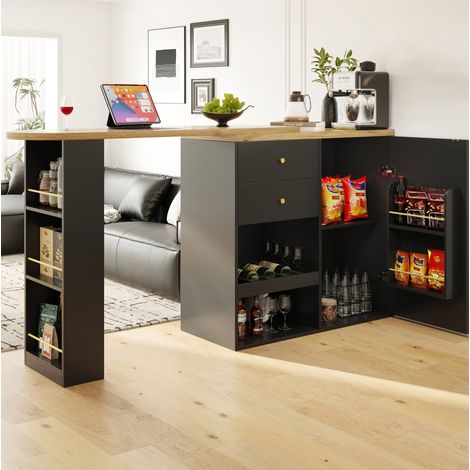 Mobile bar girevole 138x39x104 cm nero in MDF con 4 cassetti e ripiani aperti (1/5)