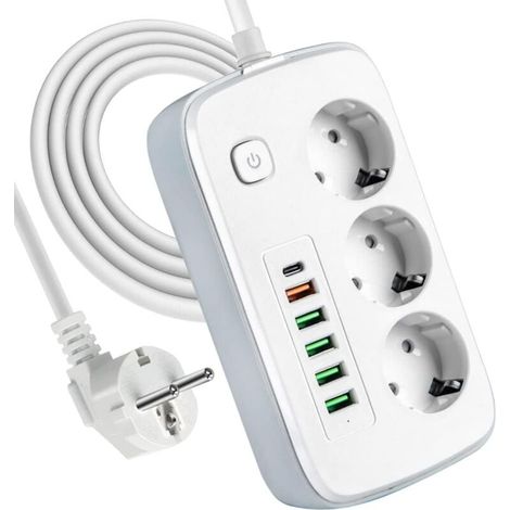 Multiprise avec ports USB, multiprise à 3 prises avec 5 ports USB et 1 prise de bureau USB-C avec interrupteur, rallonge de 2 mètres, adaptateur secteur, etc. (1/5)