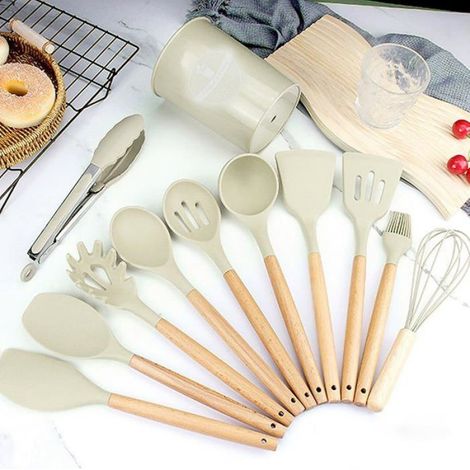 Ustensiles De Cuisine En Silicone - Manche Bois - Résistant À La Chaleur Jusqu'à 230 °C - Pour Cuisson Et Préparation Alimentaire - Lot De 12 Pièces (1/5)