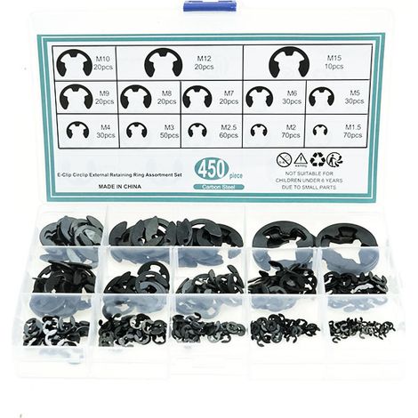 450 Stück interne Sicherungsringe E-Clips, E-Clips Sicherungsringe, externer Sicherungsringsatz, externer Sicherungsring zur Befestigung von Lagerzahnrädern, mit Box, 13 Größen (1/5)